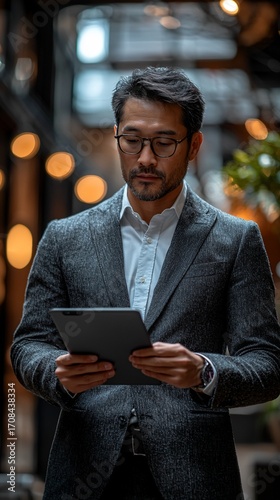 A businessman in a suit reviews documents on a tablet.  He's standing in a modern, dimly lit interior space