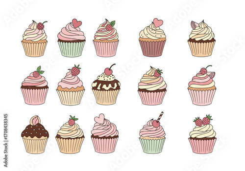 A delightful collection of various iced cupcakes and sweet dessert treats.