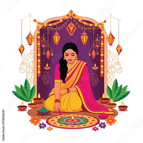 Flat style illustration of an Indian woman creating a colorful rangoli design for Diwali, surrounded by diyas, flowers, and lanterns, tradition, beauty, and the joy of the festival of lights