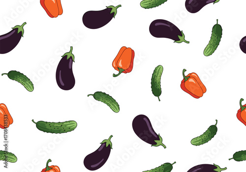 A vibrant and fresh collection of garden vegetables including cucumbers eggplants and bell peppers scattered across a white background.