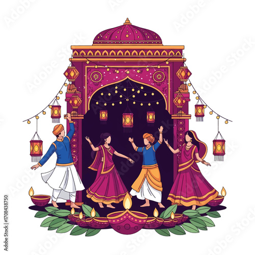Flat style illustration of Indian people dancing in traditional attire during Diwali, surrounded by lanterns and diyas, celebrating joy, culture, and the vibrant spirit of the festival of lights