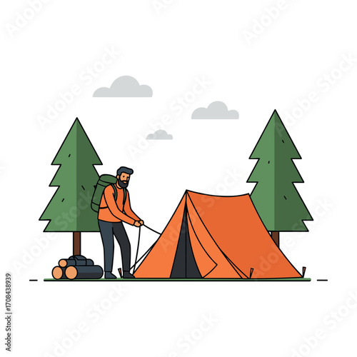 Camping adventure forest illustration outdoor side view nature exploration. Vector illustration