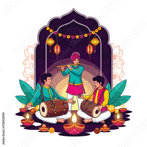 Flat style illustration of Indian musicians playing traditional instruments during Diwali, surrounded by diyas, sweets, and lanterns, symbolizing culture, music, and joy of the festival of lights.