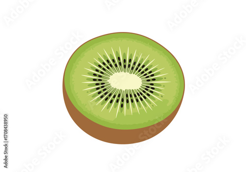 A healthy and delicious slice of kiwi fruit is shown against a white background.