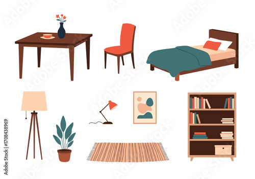 Various pieces of furniture and decor arranged for a cozy home setting.