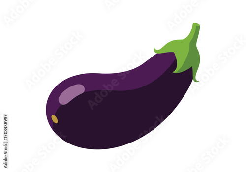 A ripe purple eggplant with a green stem and leaves on a white background.
