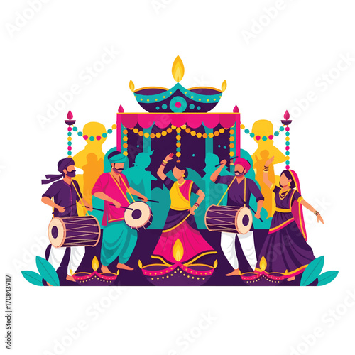 Flat style illustration of people celebrating Diwali with traditional music and dance, featuring drummers, dancers, and festive decorations, symbolizing joy, culture, and togetherness