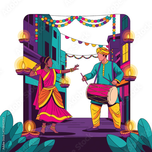Flat style illustration of people celebrating Diwali with traditional music and dance, featuring drummers, dancers, and festive decorations, symbolizing joy, culture, and togetherness