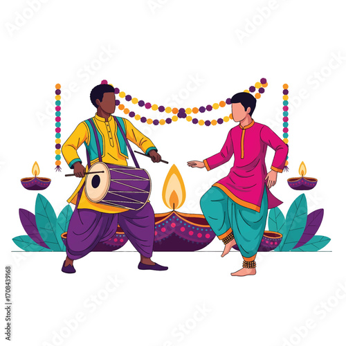 Flat style illustration of people celebrating Diwali with traditional music and dance, featuring drummers, dancers, and festive decorations, symbolizing joy, culture, and togetherness