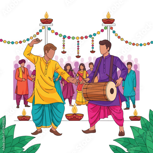 Flat style illustration of people celebrating Diwali with traditional music and dance, featuring drummers, dancers, and festive decorations, symbolizing joy, culture, and togetherness