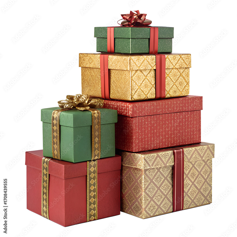 Obraz premium Stack of festive christmas gift boxes with ribbons and bows, isolated on transparent background