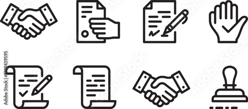 Agreement Icons Set Outline Style. Handshake, Contract, Document, Pen, Stamp, Deal, Approval