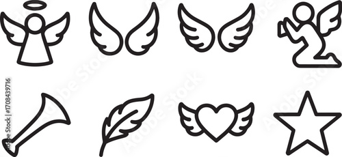 Angelic Icons Set Outline Style Isolated on Transparent Background. Angel Wings Halo Trumpet Feather Star