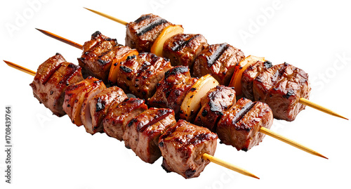 group of beef shish kebab on skewers isolated on white background