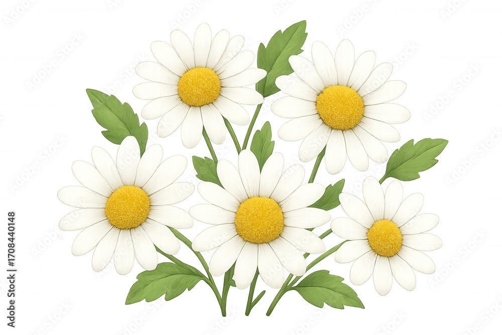 Fototapeta premium Five cheerful daisies forming a bouquet on a transparent background, perfect for adding a touch of nature to any design