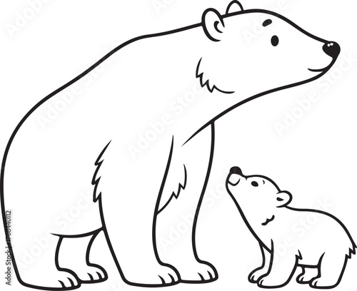 Polar Bear with Baby Cub Vector Illustration, Sketch Drawing Line Linear Symbol Icon Engraving Coloring Book, Hand-drawn Doodle Black and White Isolated