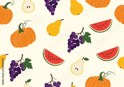 A cheerful repeating pattern of autumn harvest fruits and vegetables.