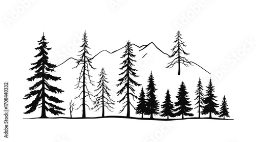 A black and white ink drawing depicts a mountainous landscape with various evergreen trees.