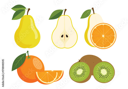 A collection of ripe fruits including pears oranges and kiwis
