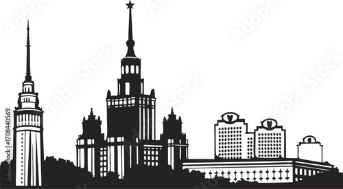 Vector art of warsaw skyline silhouette with palace of culture and science and other iconic buildings in poland