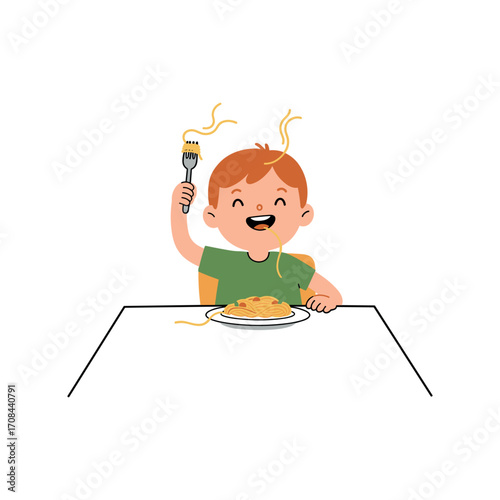 Child enjoying spaghetti meal at home fun dining experience bright kitchen playful mood. Vector illustration
