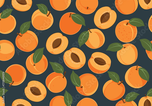 A seamless pattern of fresh apricots and apricot halves.