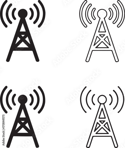 Radio tower icons set,black radio tower icons,communication,solid silhouette,line art outline,filled minimal style,thin stroke outline,isolated vector design for signal network projects