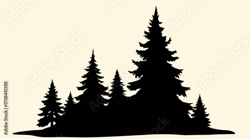 Silhouette of a group of evergreen trees, showcasing their distinct shapes against a simple background.
