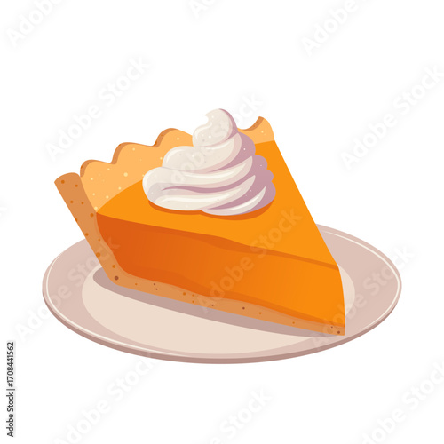 A close-up of a slice of pumpkin pie with whipped cream on a rustic plate. Cozy autumn setting with warm lighting and seasonal vibes. Perfect for Thanksgiving or fall-themed food concepts