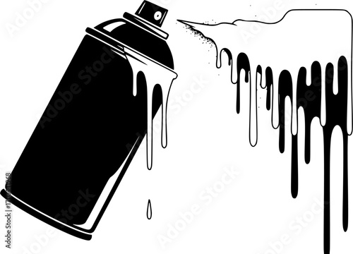  Black spray can with white paint dripping creates a striking, artistic contrast