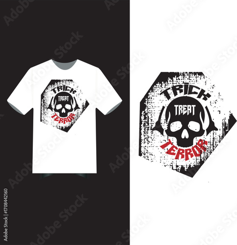 Halloween T-Shirt Design with Skeletons, Zombies, Skull and Haunted Houses.