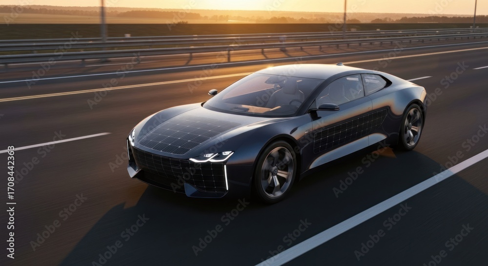 Naklejka premium Dark electric car on highway at sunset