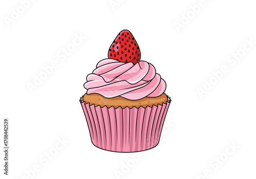 A delicious pink frosted cupcake topped with a fresh strawberry.