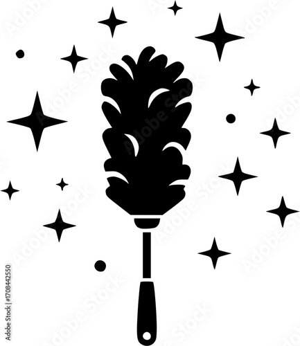 vector Black feather duster surrounded by sparkle stars enhances the cleaning theme effectively and minimalist 