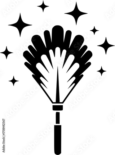 vector Black feather duster surrounded by sparkle stars enhances the cleaning theme effectively and minimalist 