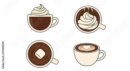 Set of four illustrated coffee and hot chocolate cups with toppings.