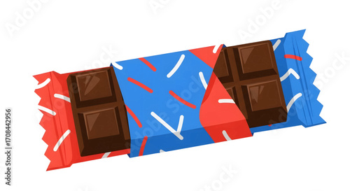 Partially unwrapped dark chocolate bar in a colorful package.
