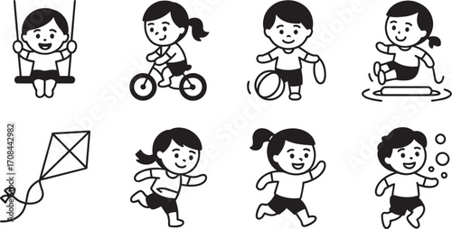 Delightful Children's Playtime Vector Illustration Featuring Kids Swinging, Biking, Playing Ball, and Jumping