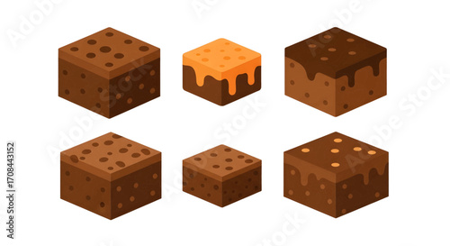 Six delicious isometric brownies with chocolate chips and icing.