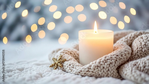 candlelit glow spilling over cozy knit textures, blurred snow in background, cinematic holiday lighting