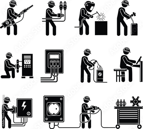 Industrial Safety Icons – Electrical and Mechanical Work PictogramsIndustrial Safety Icons – Electrical and Mechanical Work Pictograms