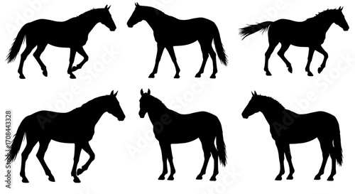 Collection of Six Black Horse Silhouettes in Various Poses.