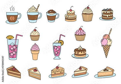 A collection of sweet treats and refreshing beverages.