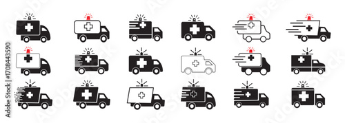 Ambulance icon set. Ambulance Vehicle Silhouette Icon for Emergency Medical Services and Healthcare.