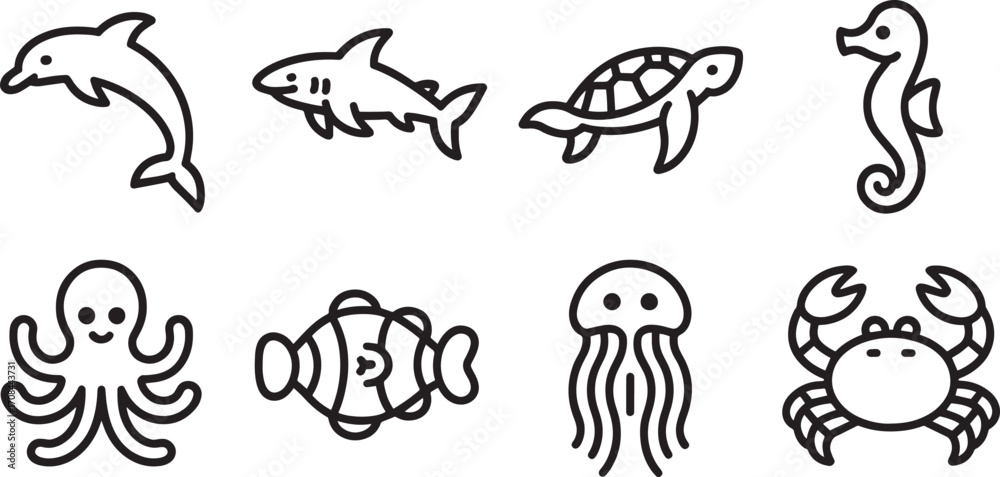 Fototapeta premium Delightful Marine Life Icons A Collection of Sea Creatures in Simple Line Art Style on Transparent Backdrop