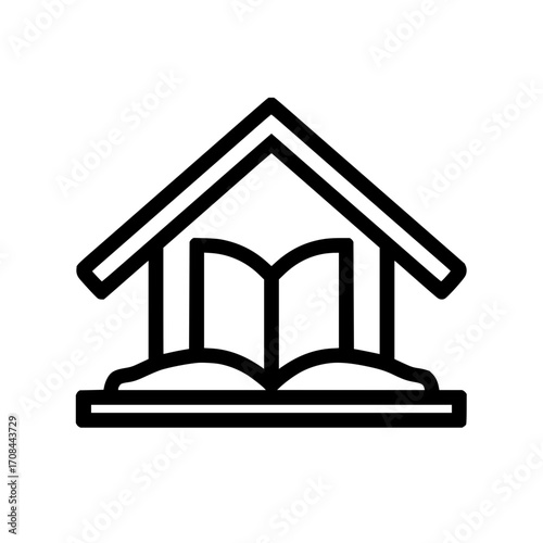 Outline drawing of a book inside of a house structure on a base representing education and learning space