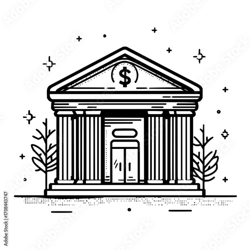 Illustration of a bank building with a dollar sign on the roof and trees on either side in black and white