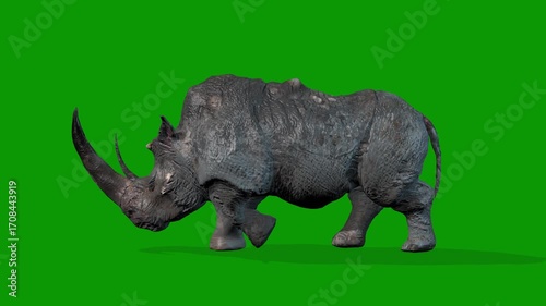 3D Rhino Animation on Green Screen-Walking From Left Side
