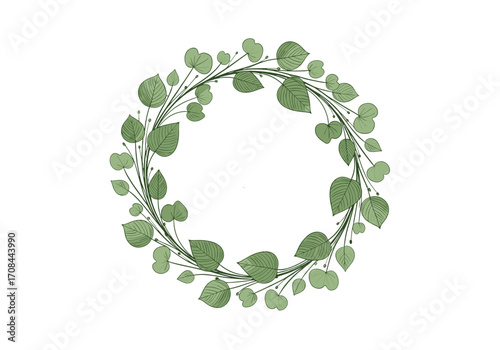 A delicate circular arrangement of green leaves and thin branches forms a beautiful natural wreath.
