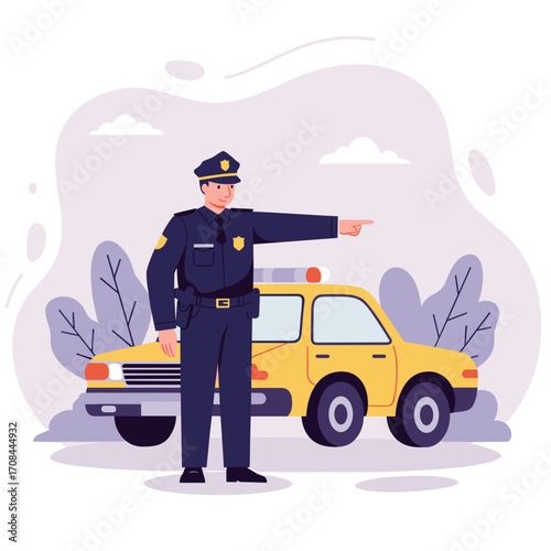 Cartoon police officer directing traffic next to yellow patrol car  
